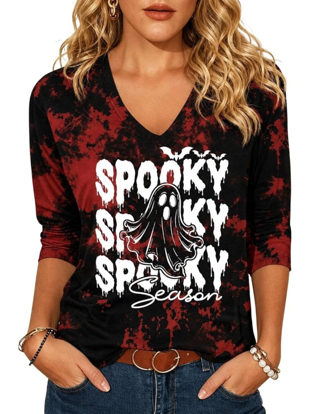 〽️Halloween Shirt Women Red V Neck 3/4 Sleeve Top Spooky Season Graphic Tee Fall